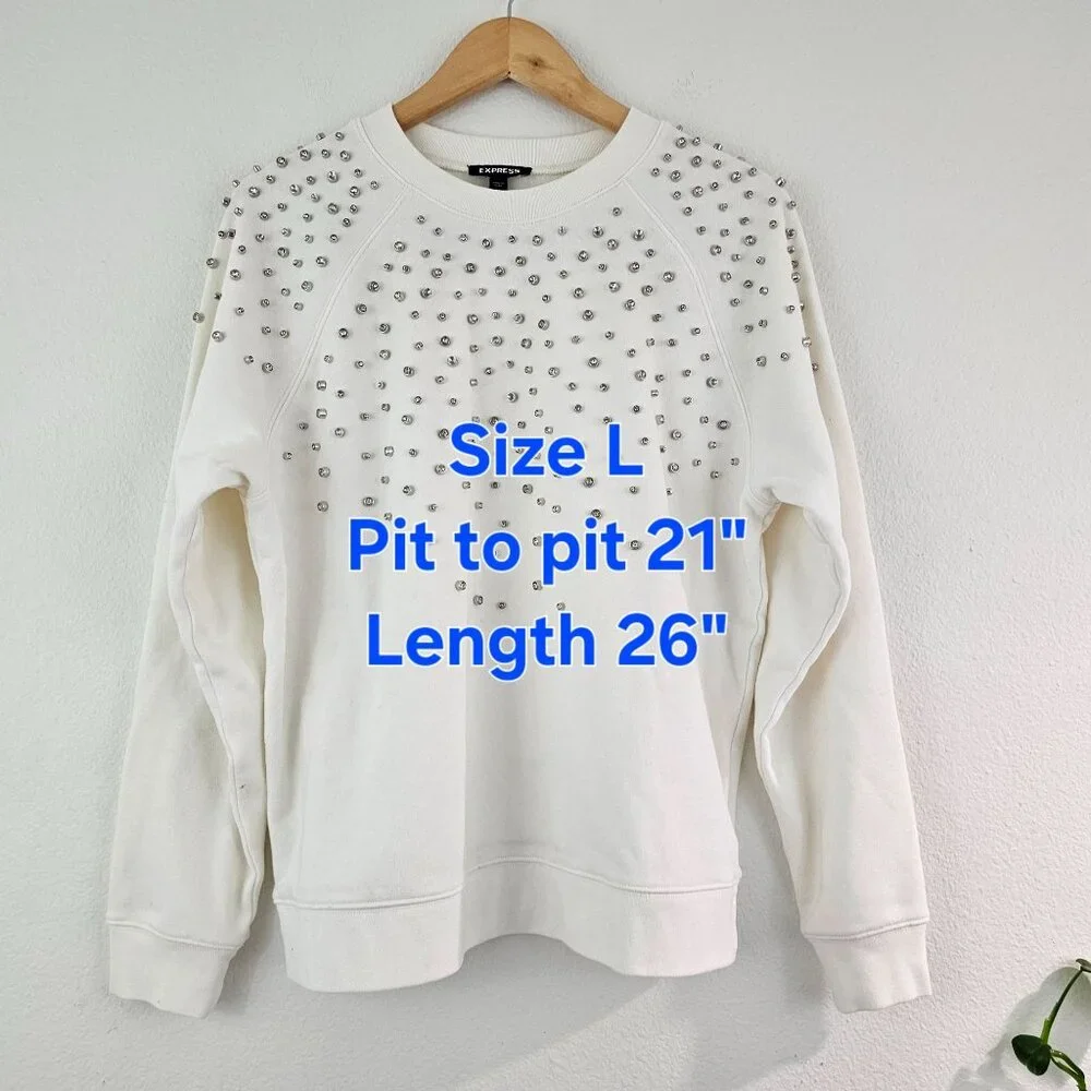 Express Womens Sz L Neutral Rhinestone Embellished Crew Neck Fleece Sweatshirt - Picture 7 of 10